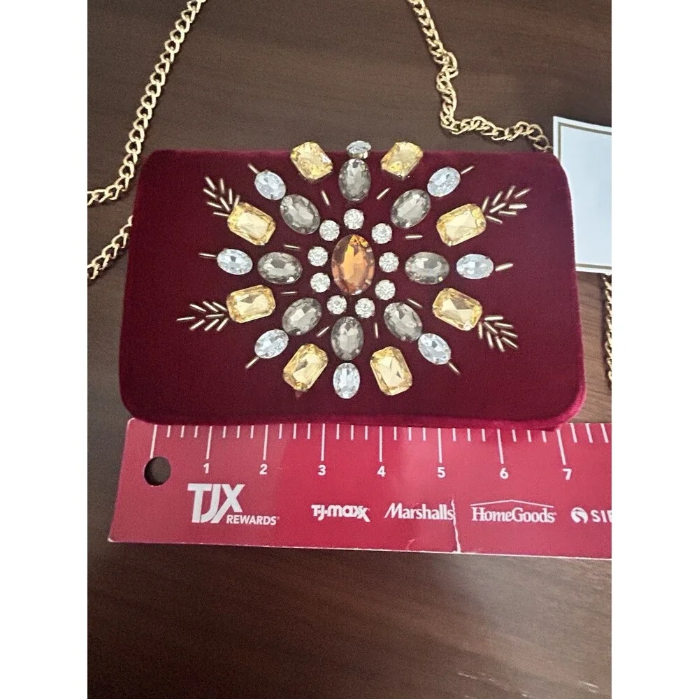 Shiraleah Burgundy Beaded Embroidered Starburst clutch Bag Gold Chain Strap new